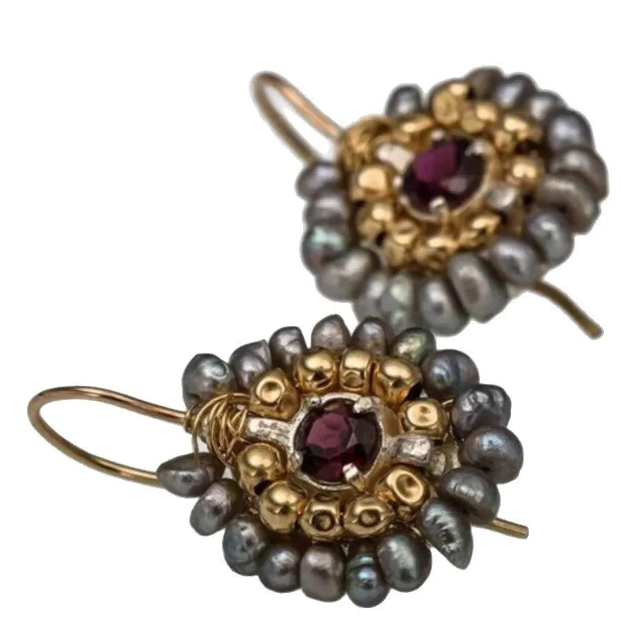 Geometric handmade woven drop earrings in gold copper with micro inlay and petal shape
