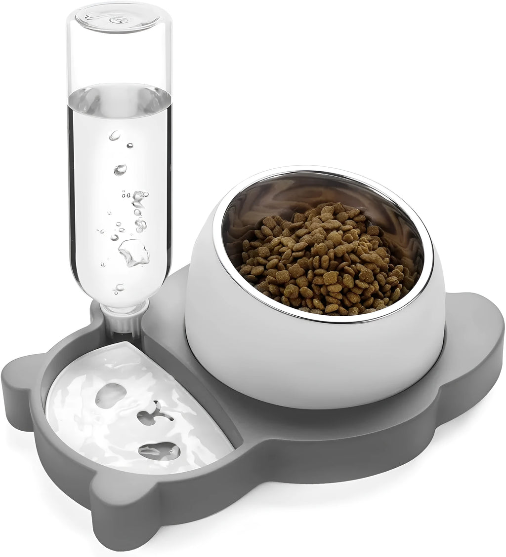 Grey panda-shaped tilted pet bowl set with stainless steel food bowl and automatic water dispenser bottle
