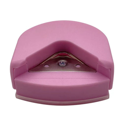 Black, blue, and pink plastic and metal business card corner cutter tool on a white background.