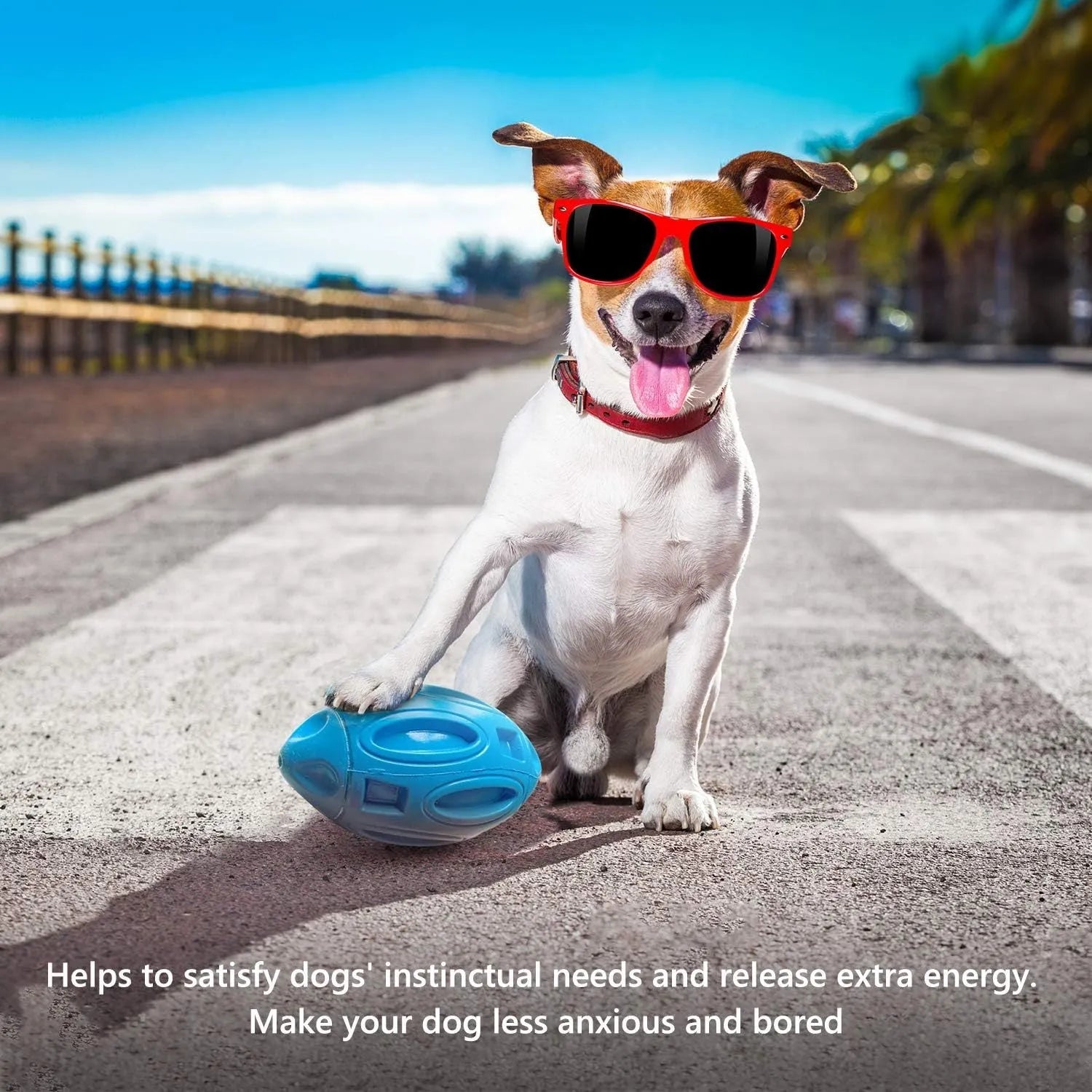 Blue, green, and orange natural rubber squeaky dog chew ball with surface grooves.