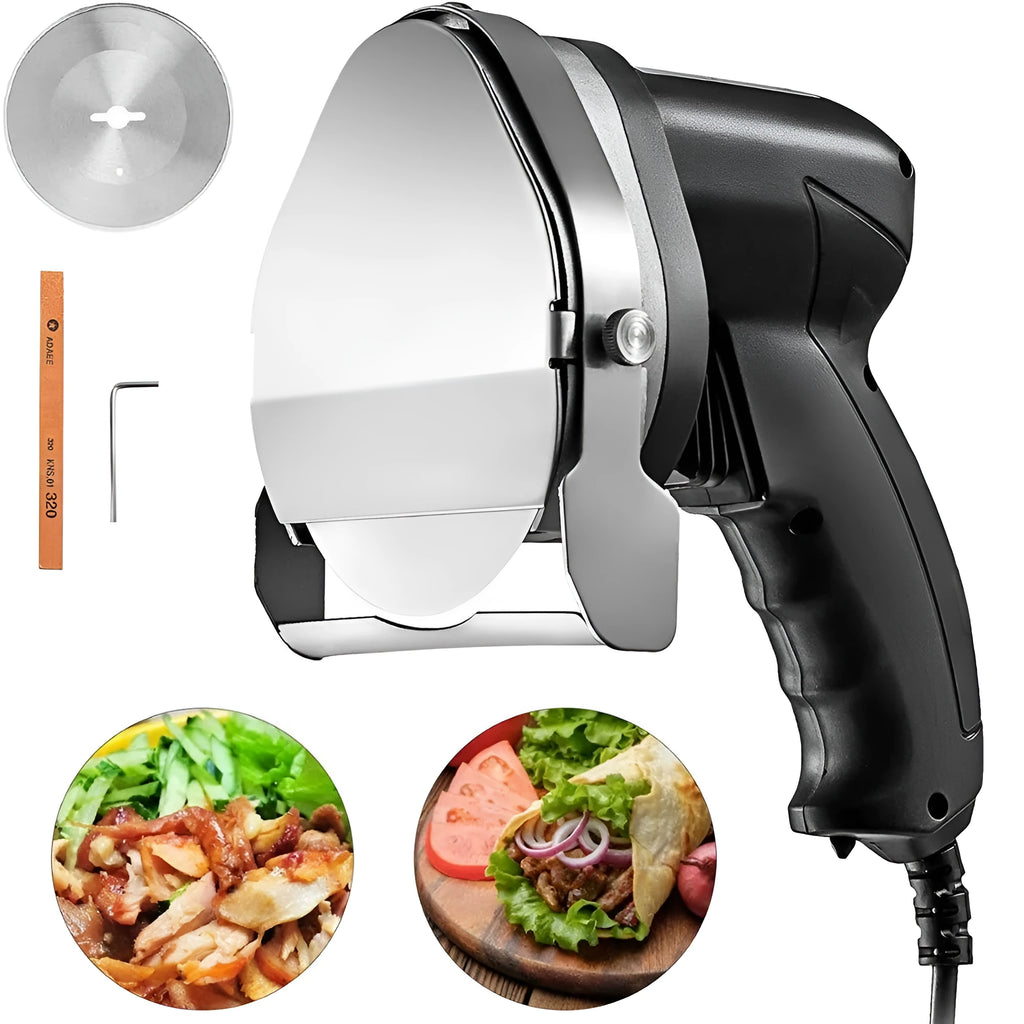 Black KS-100E electric meat cleaver with thickness adjustment dial for turkey and barbecue prep.
