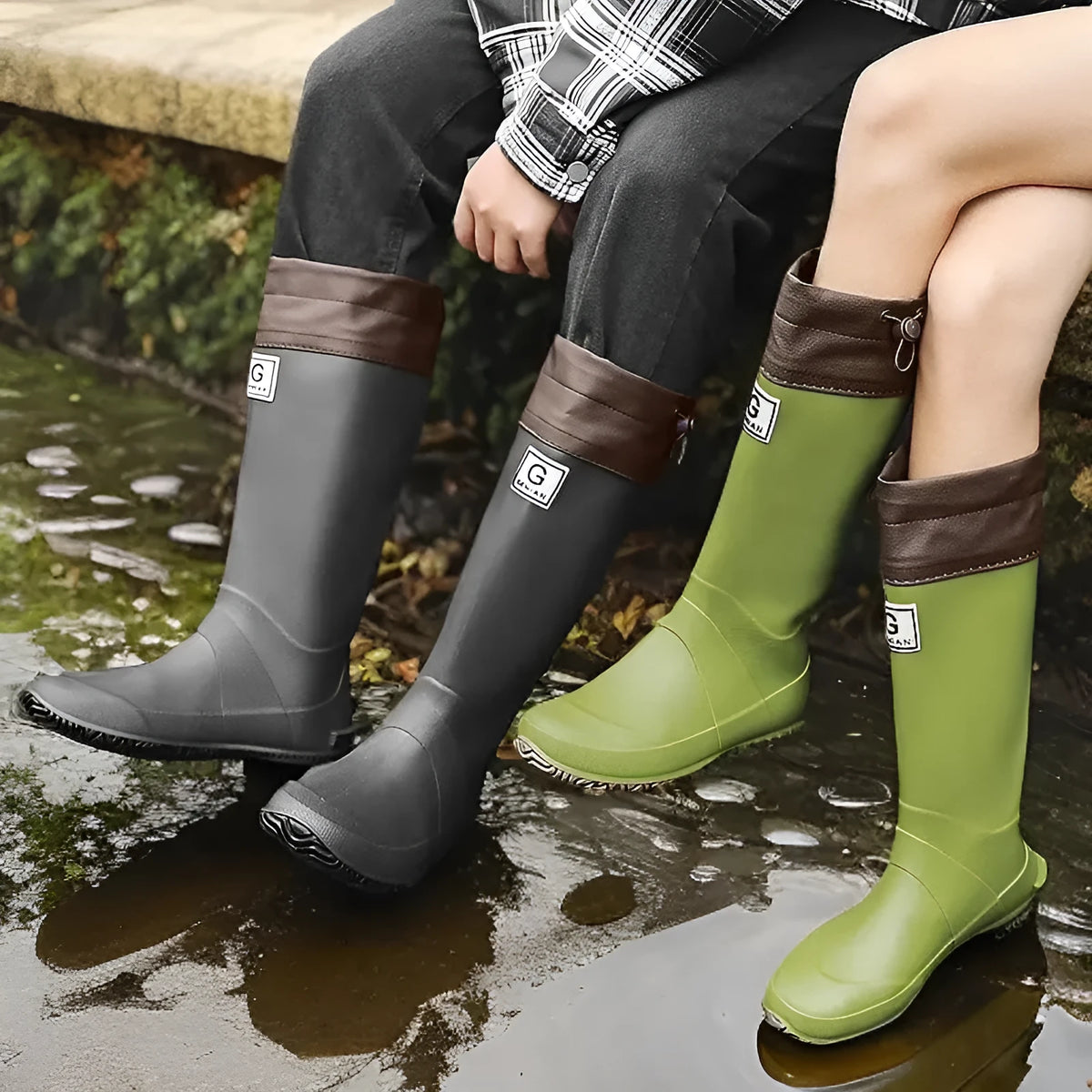 Unisex rain boots in black brown gray green with plastic upper, flat heel, round toe and leather stitching