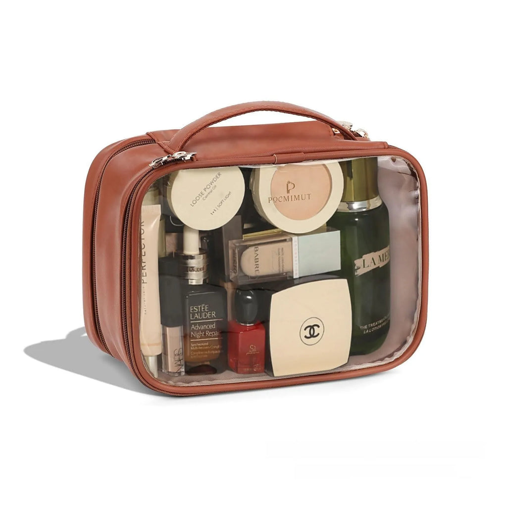 Transparent PVC cosmetic bag with dry-wet separation compartments in multiple colour options