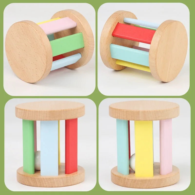 Wooden infant rainbow rattle with rolling bell design, 7.5x7cm, for babies aged 0-3 years