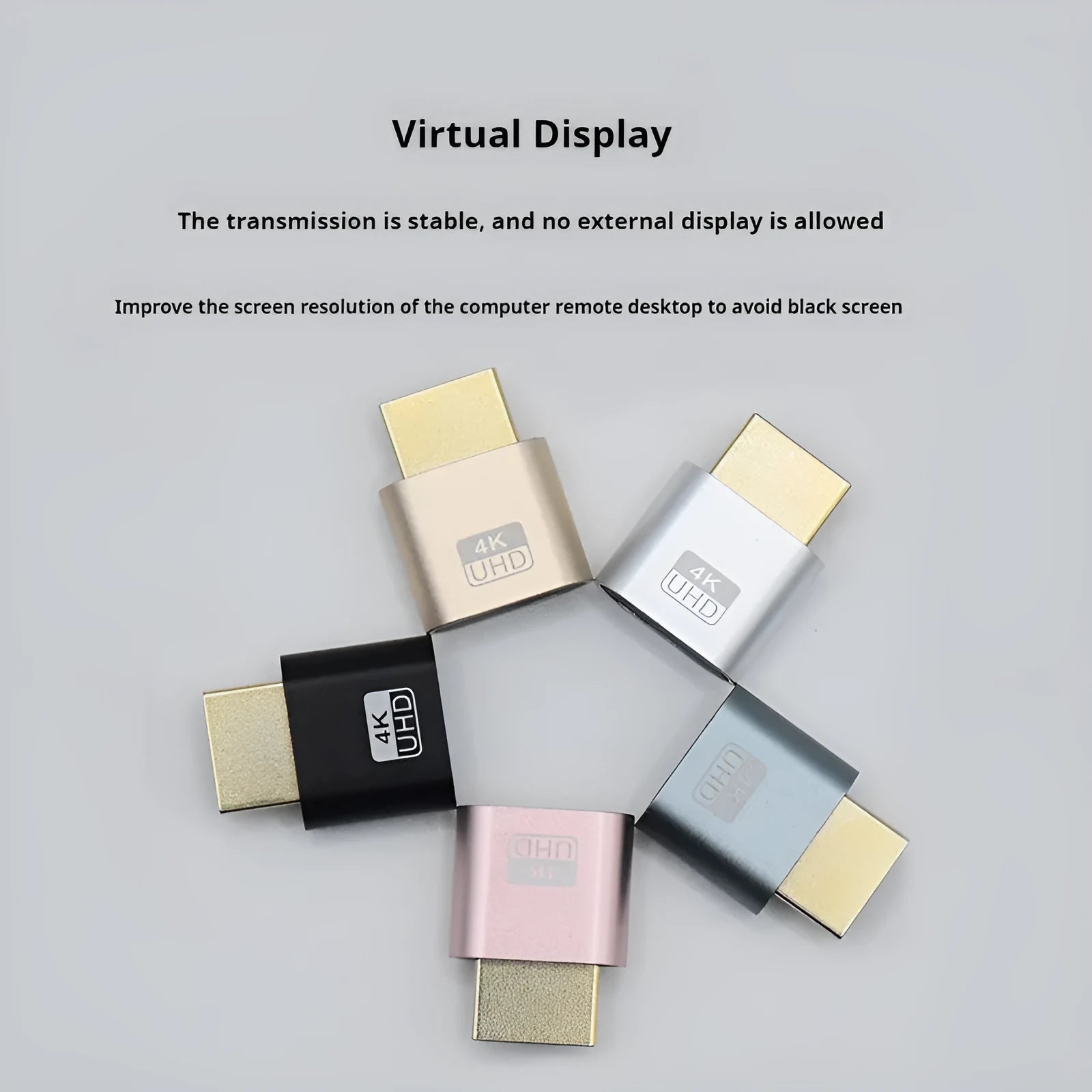 Graphics card virtual display dongle with HDMI or DP connector in black, gold, or silver finish.