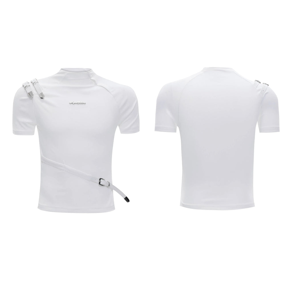 Men's slim fit cotton T-shirt with small stand-up collar and short sleeves in black colour