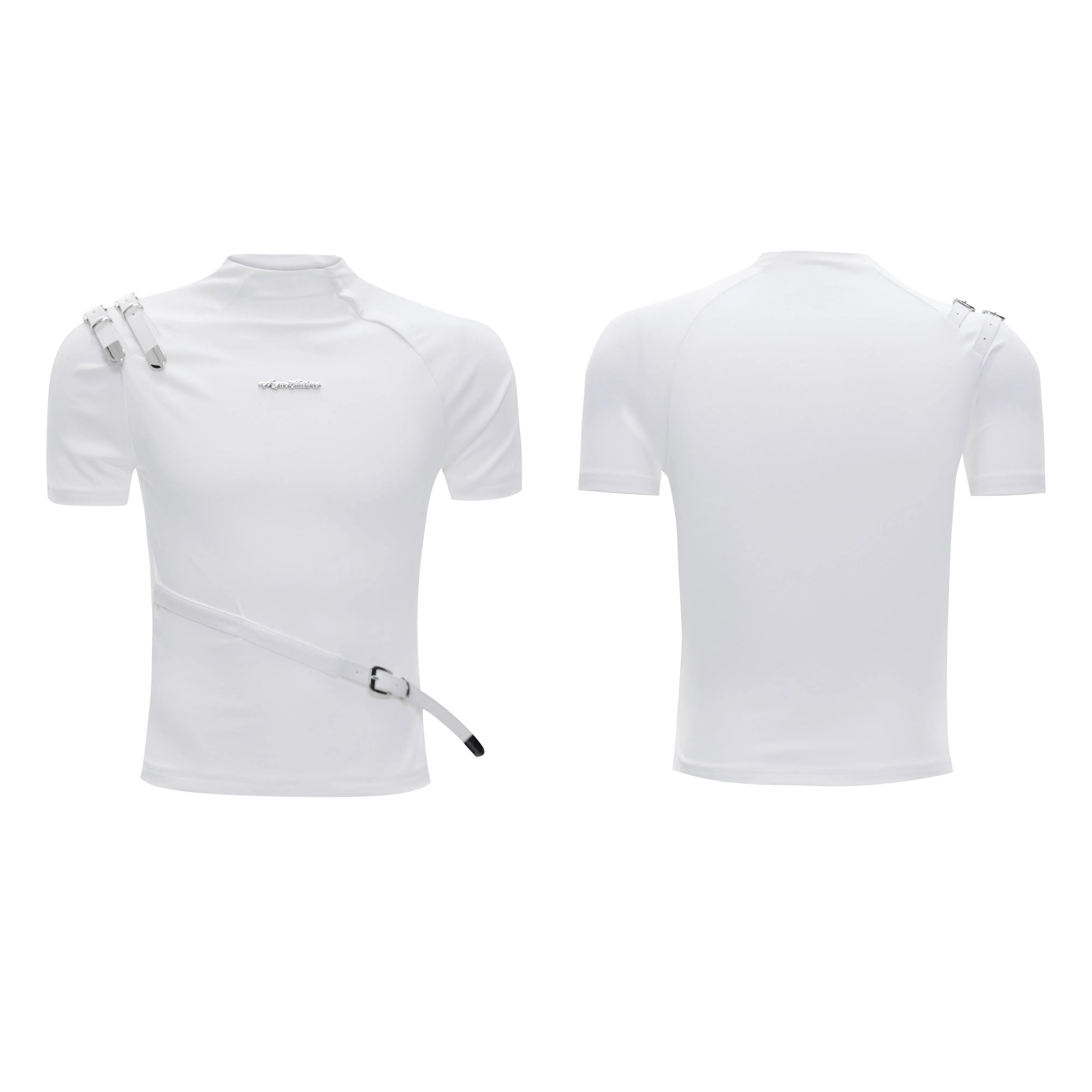 Men's slim fit cotton T-shirt with small stand-up collar and short sleeves in black colour