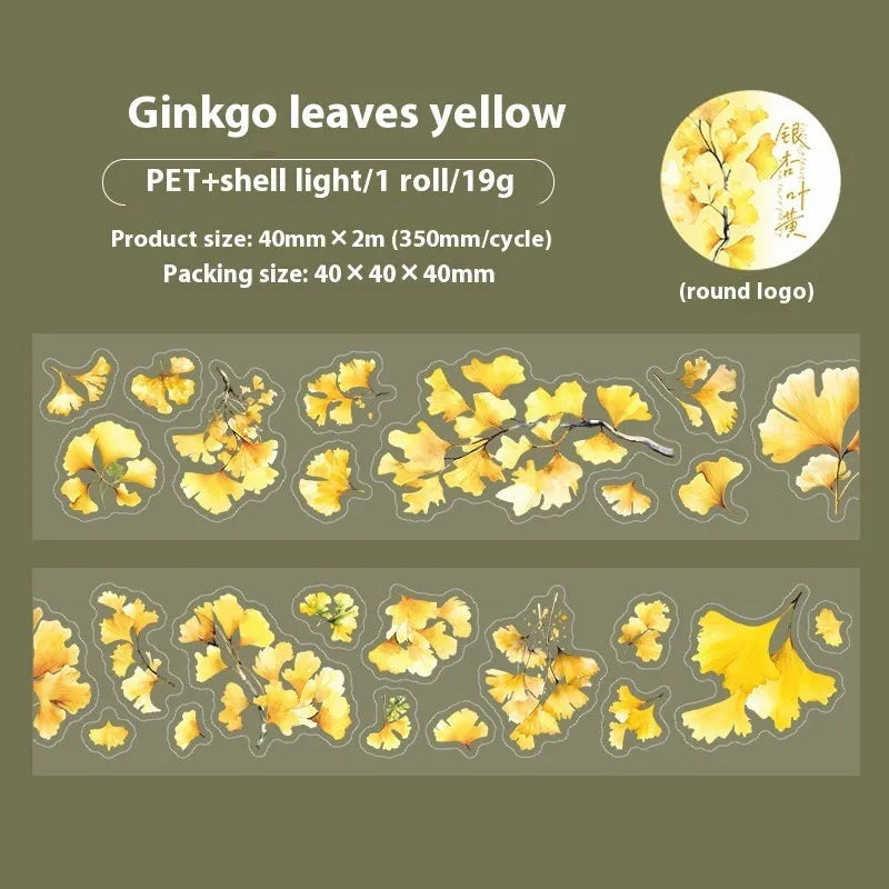 Roll of Deciduous Poetry Series decorative stickers showing six leaf designs including ginkgo and maple, 40mm wide.