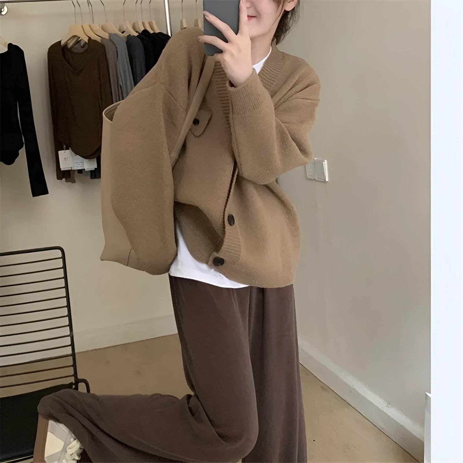 Loose solid colour cardigan top for women, long sleeves, available in khaki black gray green