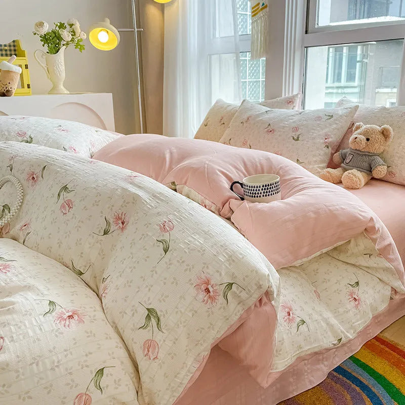 Chemical fibre bed sheet set with aerobic jacquard cloud yarn cotton in Butterfly Dance rose colour