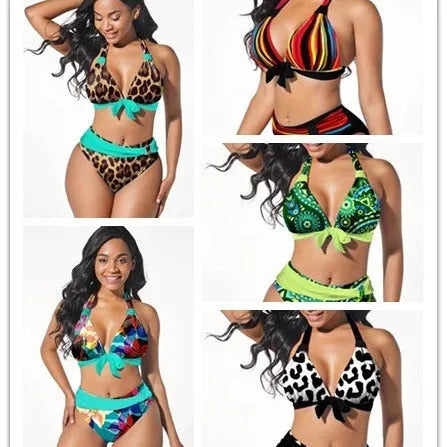 Women's colourful printed plus size bikini swimsuit set on a mannequin.