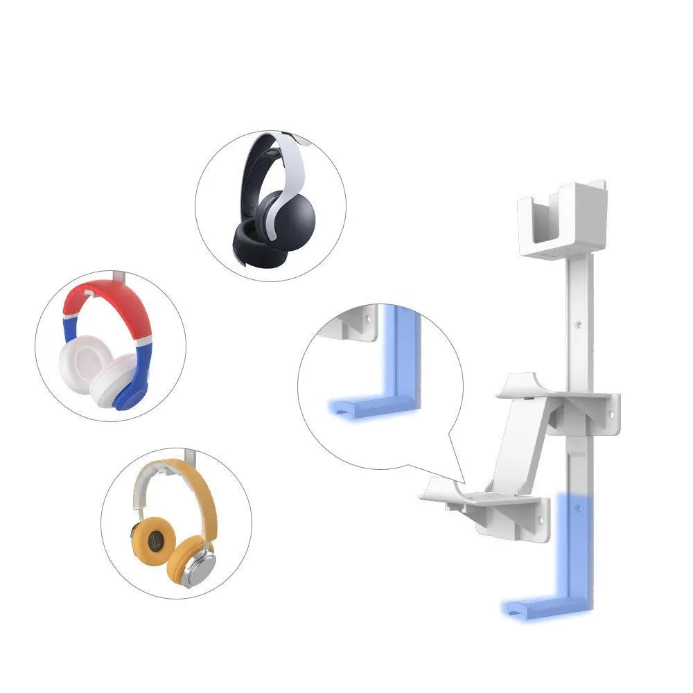 White wall-mounted storage hook holding PS5 controller and headphones