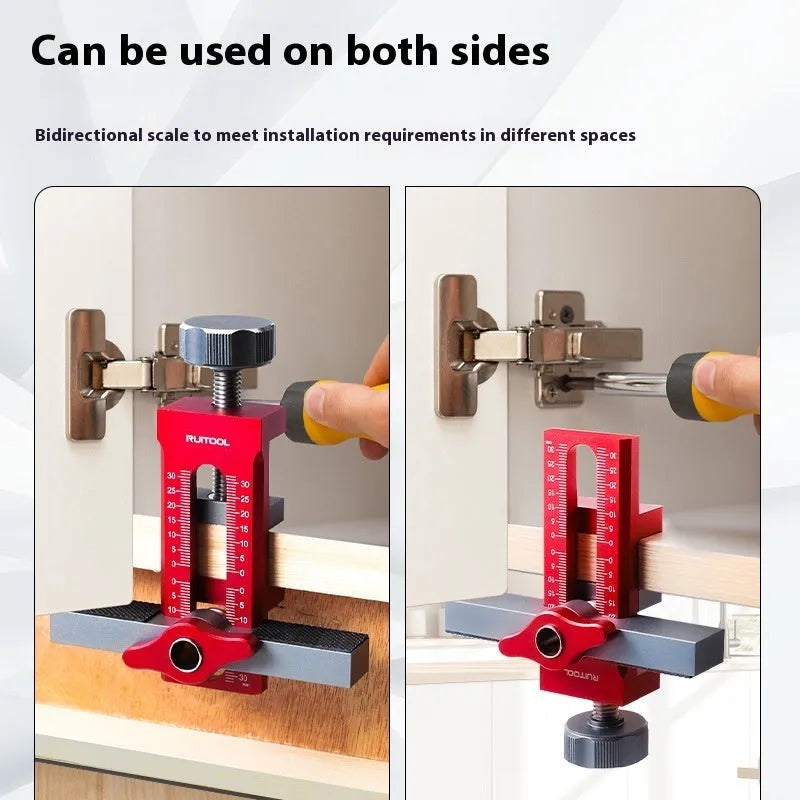 Aluminium alloy cabinet door installation aid tool for woodworking projects on a workbench.