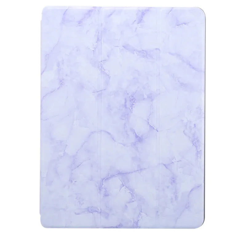 Tri-fold marbling design iPad case in dark grey with a visible pen slot on the side.