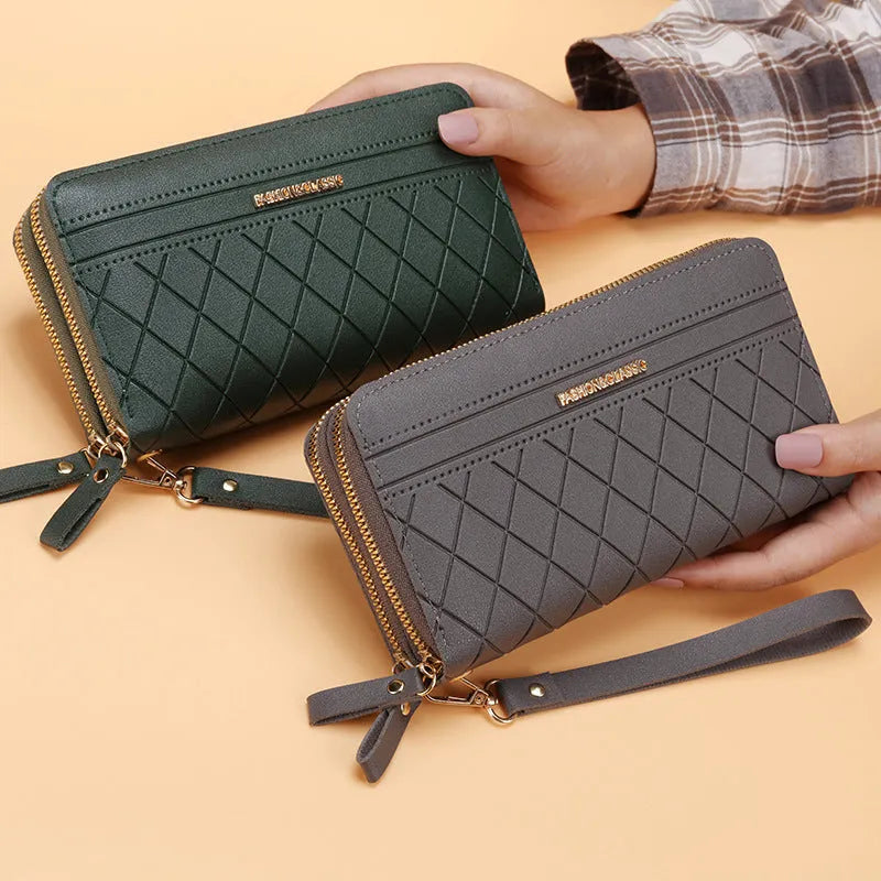 Women's long double zipper wallet in PU leather with multiple card slots – 19cm length, 10.5cm width