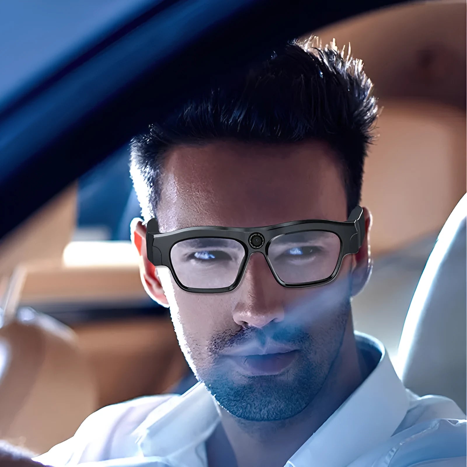Black smart Bluetooth glasses with video recording capability and transparent lenses