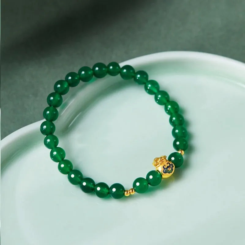 Green turquoise bead bracelet with 8mm beads, unisex string design, electroplated finish, geometric shape