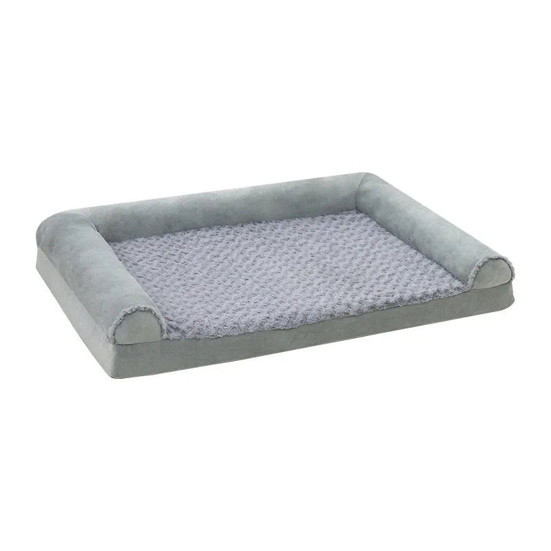 Grey cloth dog kennel with removable fleece lining, shown in three sizes for medium and large breeds.
