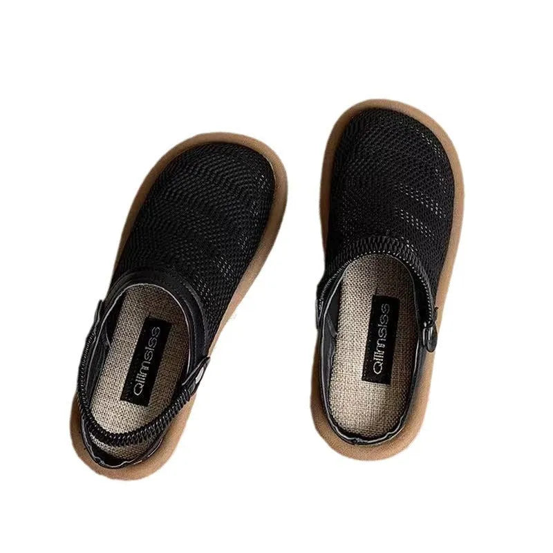 Beige linen slip-on hole shoes with mesh lining and a soft rubber sole, shown in a low-top style.