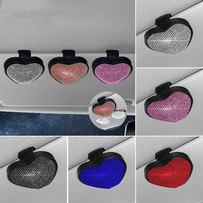 Black PU leather magnetic storage clip with diamond encrustment, shown attached to a car sun visor.
