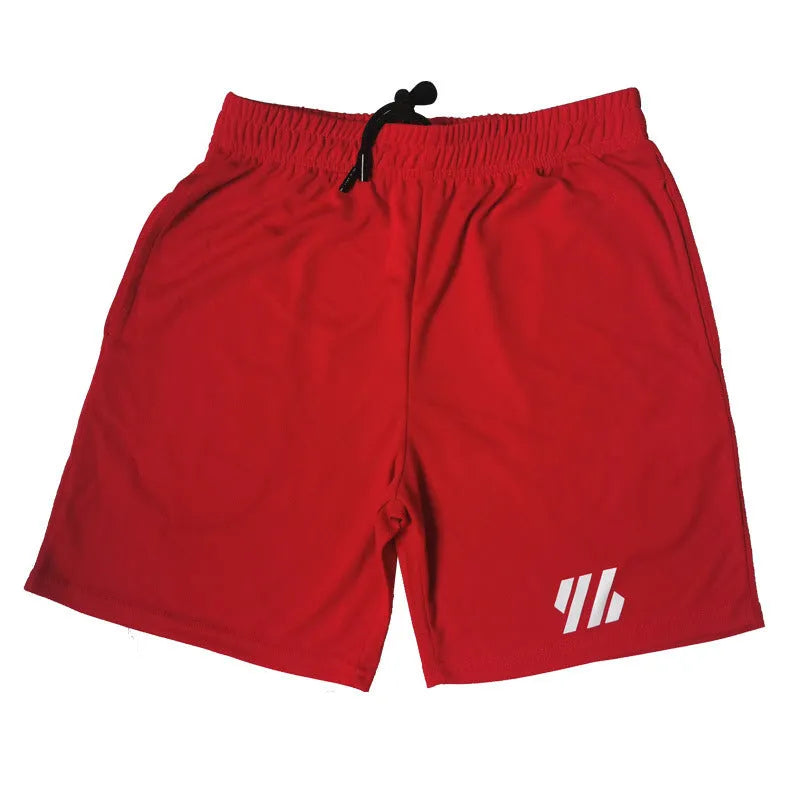 Man's loose-fit metal silk sports shorts in various colours on a hanger.