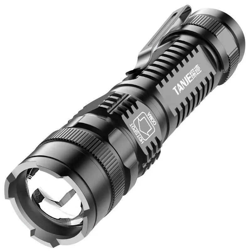 Black aluminium alloy telescopic LED flashlight with adjustable focus and carrying clip