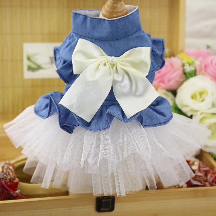 Creative Bow Pet Denim Skirt, Korean style, white yarn option with bow detail on denim fabric