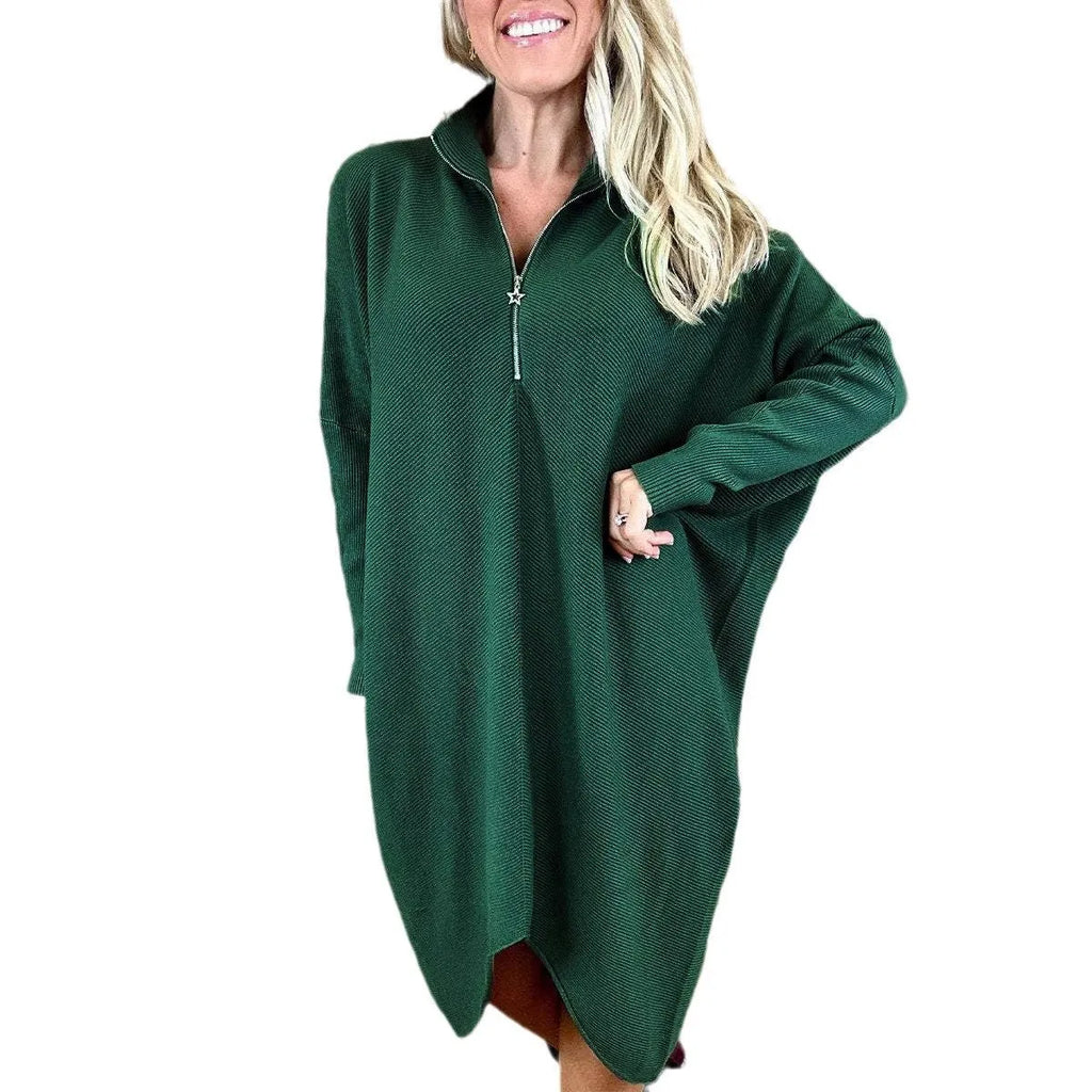 Women's solid colour knitted loose dress with raglan sleeves in trueran polyester fabric