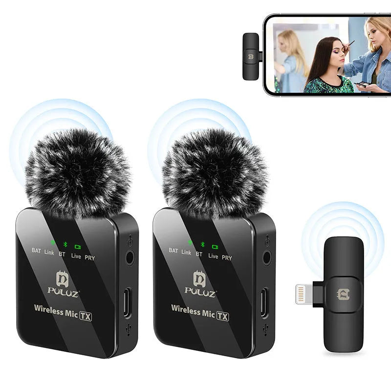 Wireless neckline clip microphone with carbon fibre transmitter, charging cable, and receiver for outdoor recording