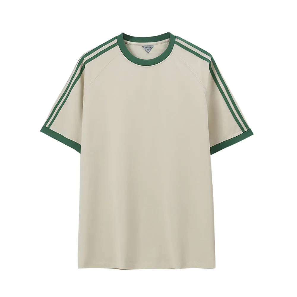Unisex ice silk cotton stripes five-point top in loose fit, available in multiple colours and sizes S to 2XL