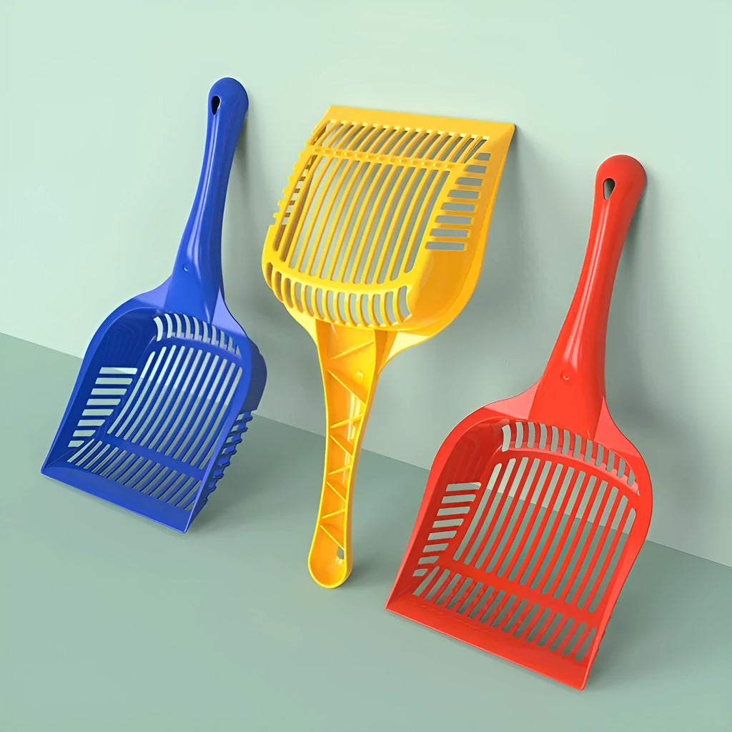 PP plastic cat litter scoop in red, yellow or blue, shown in small and medium sizes