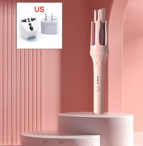 White and pink automatic hair curler with 32mm ceramic barrel and auto-clamp feature on a table.