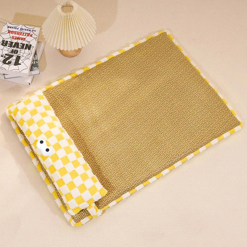 Four-season pet nest cushion in grey or yellow available in four sizes with measured dimensions and weight recommendations
