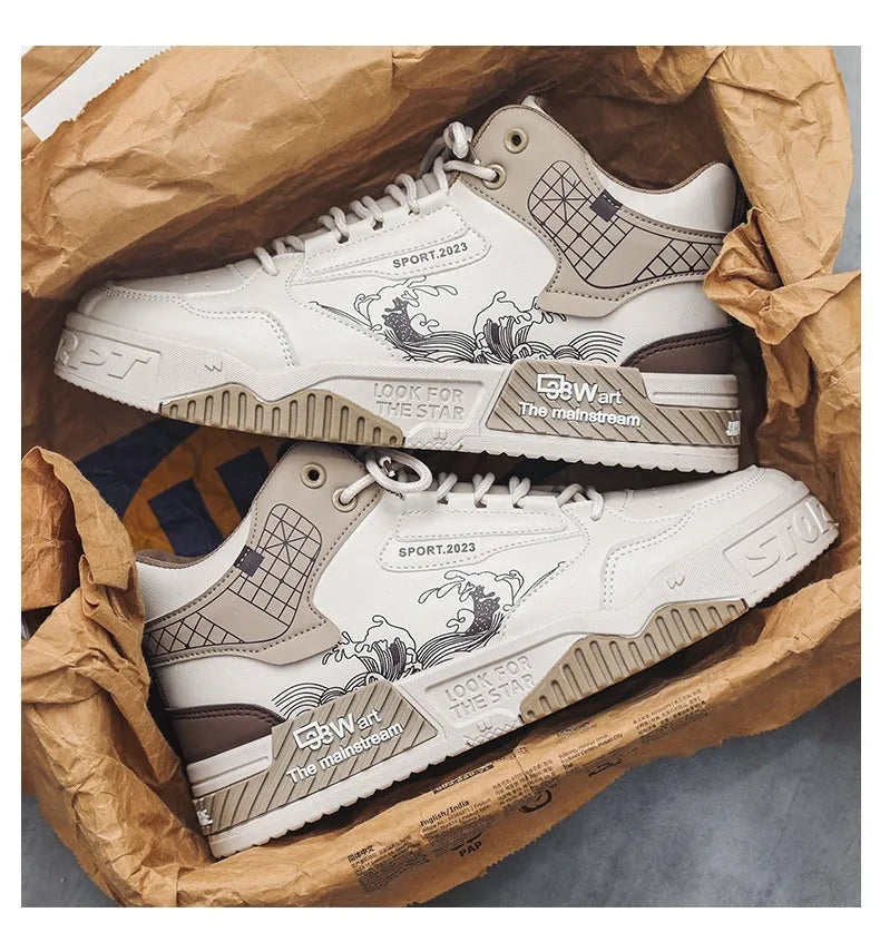Men's beige board shoes with mesh lining and rubber sole, front lace-up closure