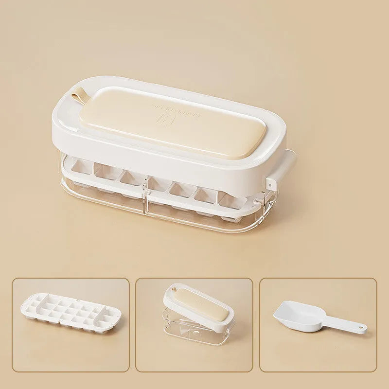 Food-grade high-capacity ice cube tray in blue with integrated storage for an ice shovel.