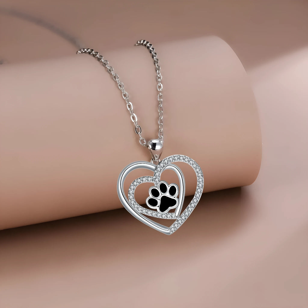 Women's dog paw prints heart necklace with copper pendant and cross chain in electroplated finish