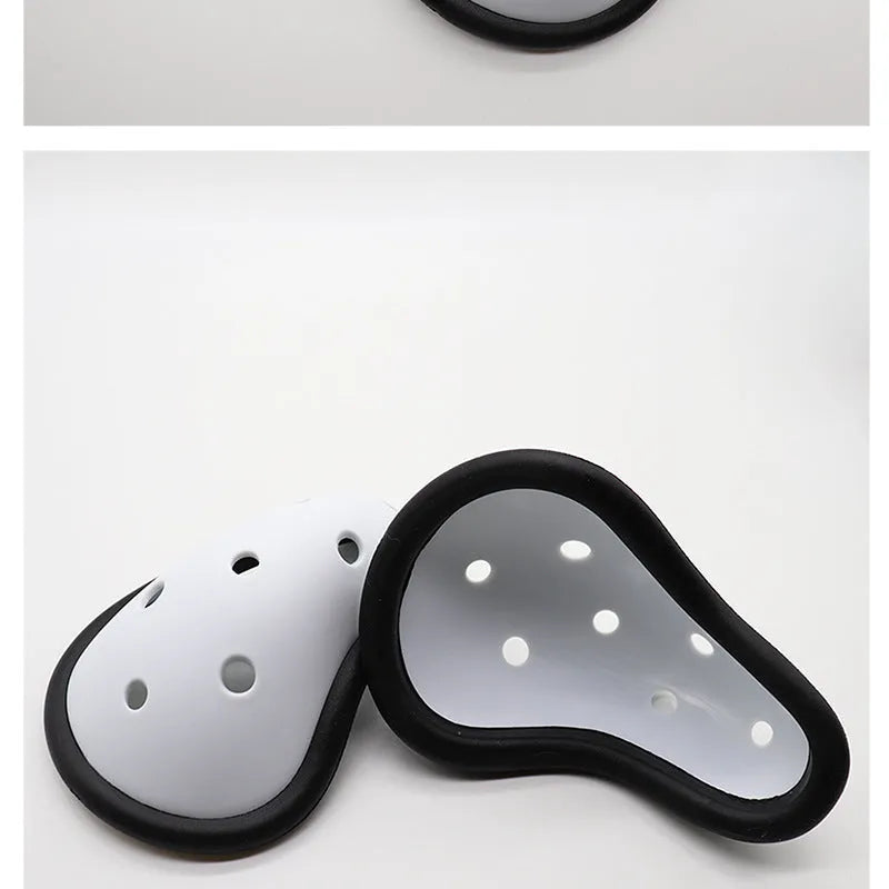Rubber sports genital protector shown in adult and children's size options.