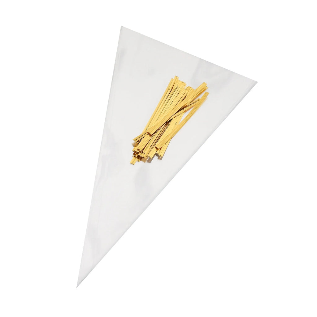 Clear triangle-shaped plastic packaging bag with a silver tie wire, showing three size options.