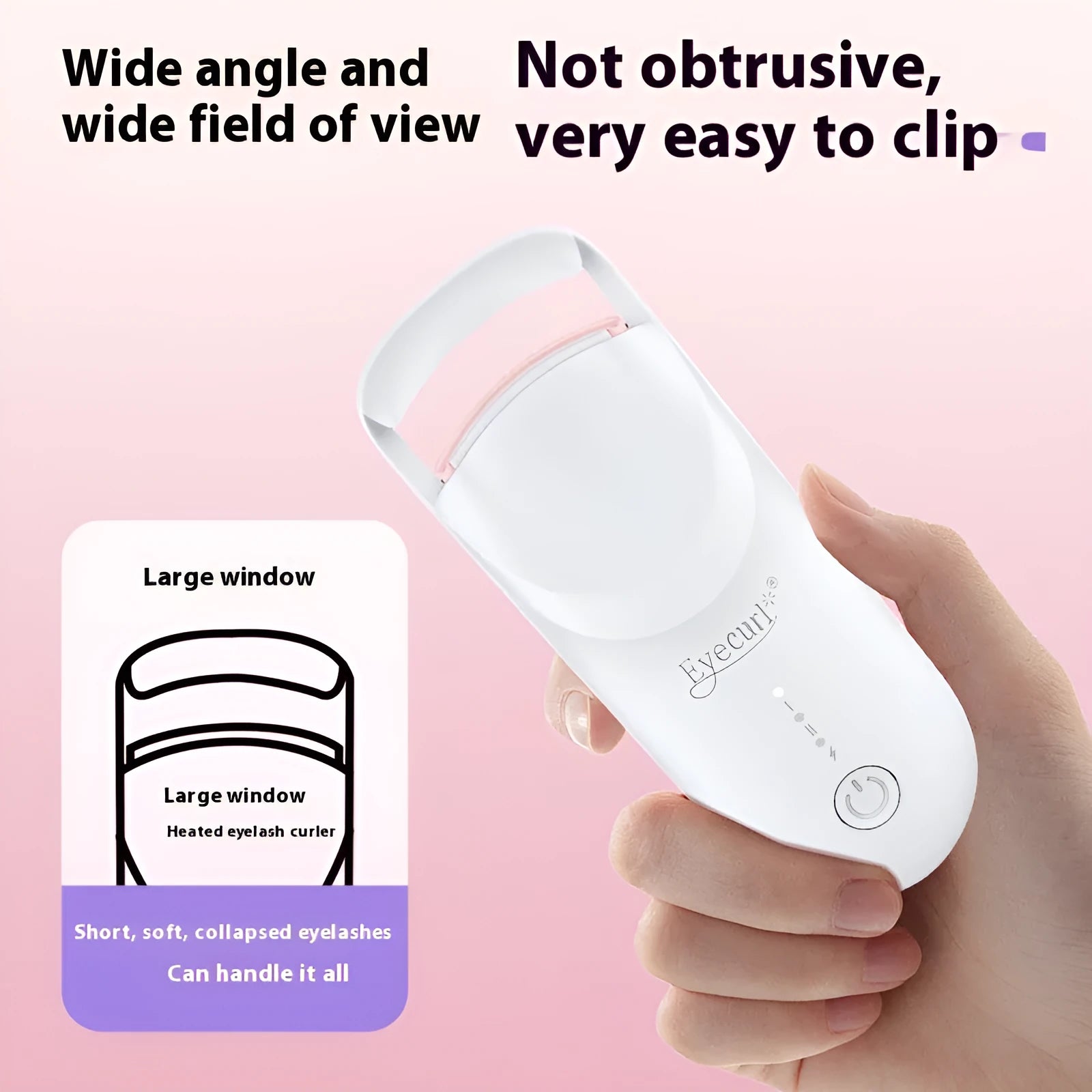 Electric USB-rechargeable eyelash curler in cream white, pink, and apricot colour options.