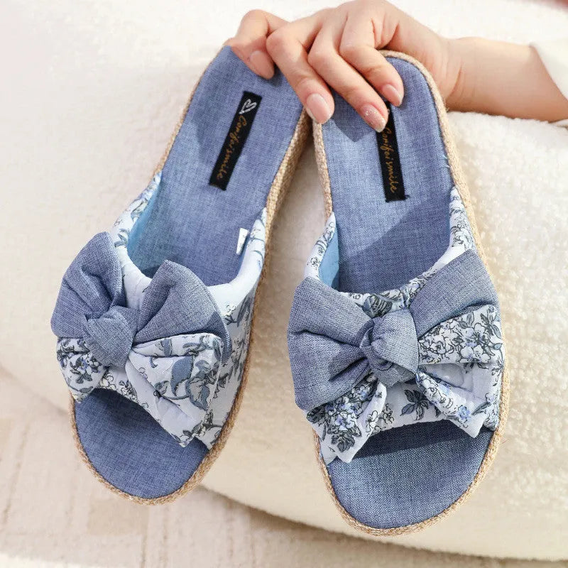 Women's linen non-slip open toe slippers with bow detail in Sea Blue on a light background