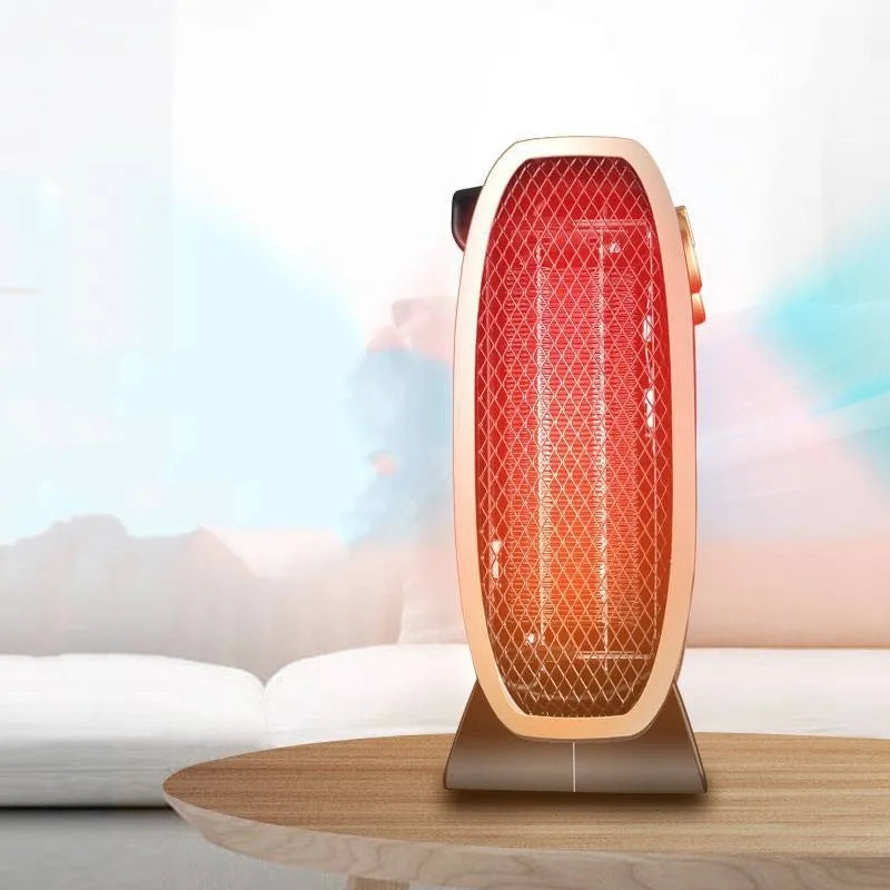 White and black gold portable electric ceramic fan heater with control dials on top.