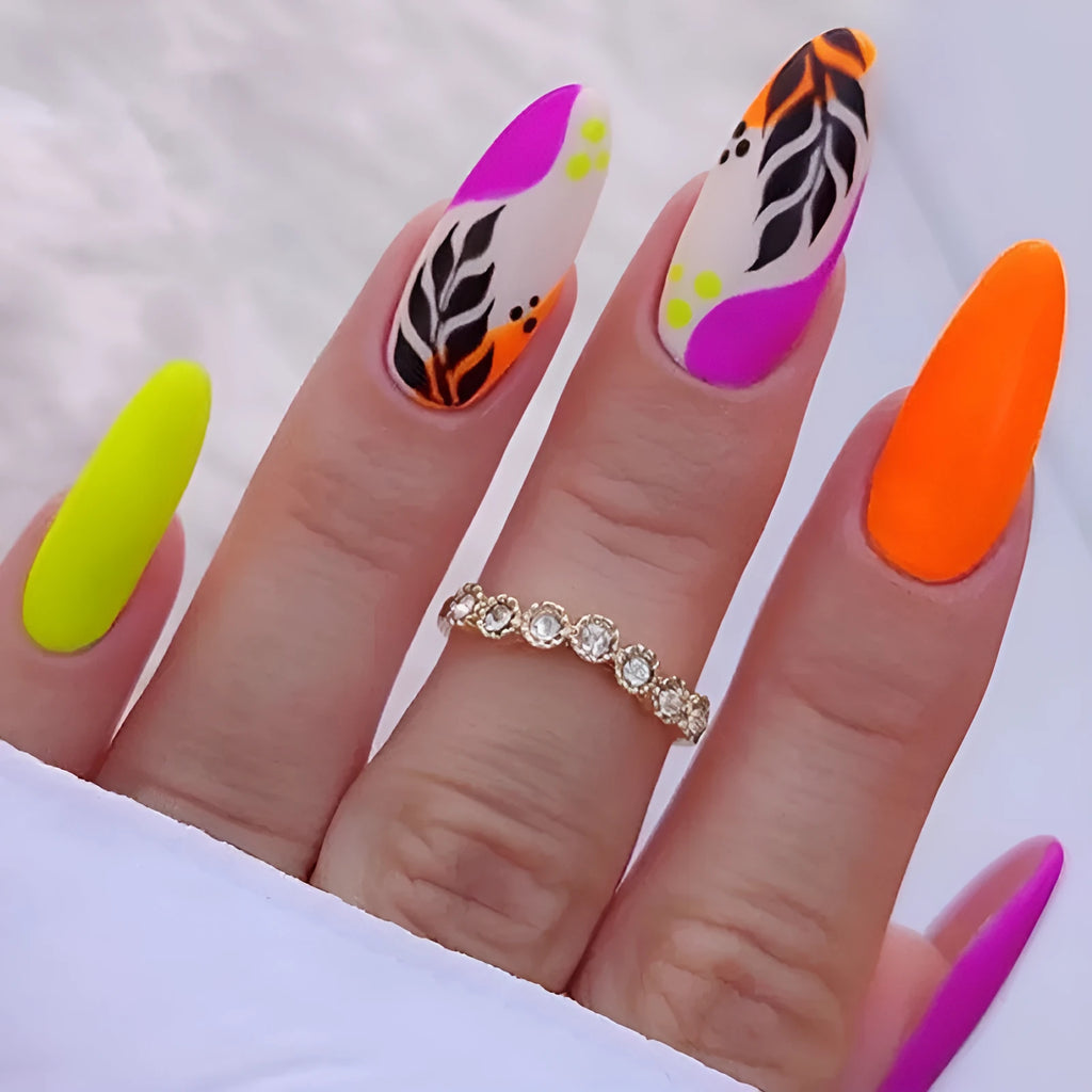 Wear Armour almond nail stickers showing four tulip pattern designs with frosted finish