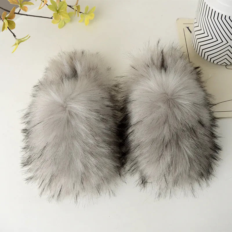 Woolen slippers with plush upper, artificial wool lining, toe-covering shape, and non-slip sewn composite sole for winter home wear