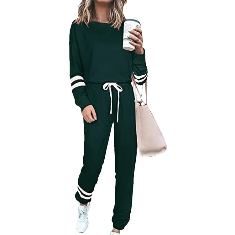 Women's casual suit set in cotton blend fabric with top and trousers in solid colour