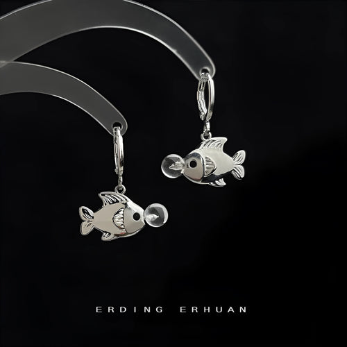 Copper electroplated bubble fish design earrings with goldfish animal modelling on a white background.
