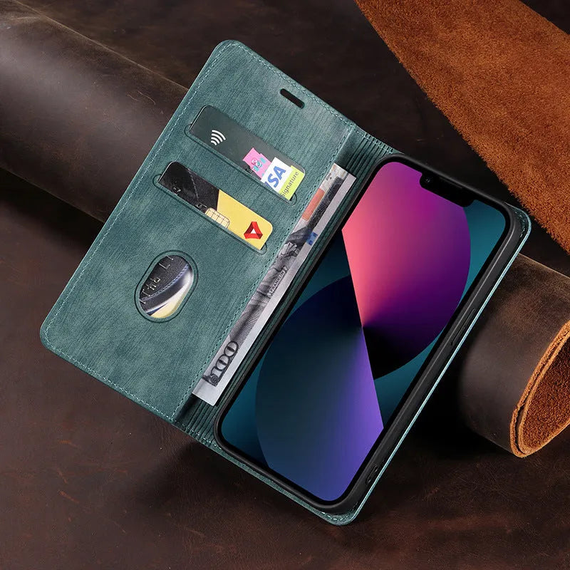 Magnetic flip phone case for iPhone in leather and TPU, shown closed and open with cards in slots.