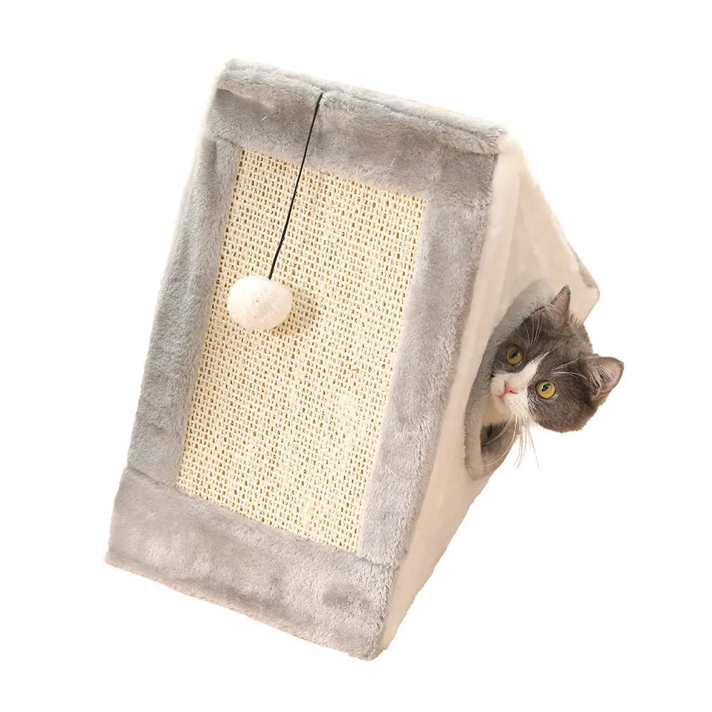 Triangular cat bed with integrated sisal scratching panels in grey and white colour scheme