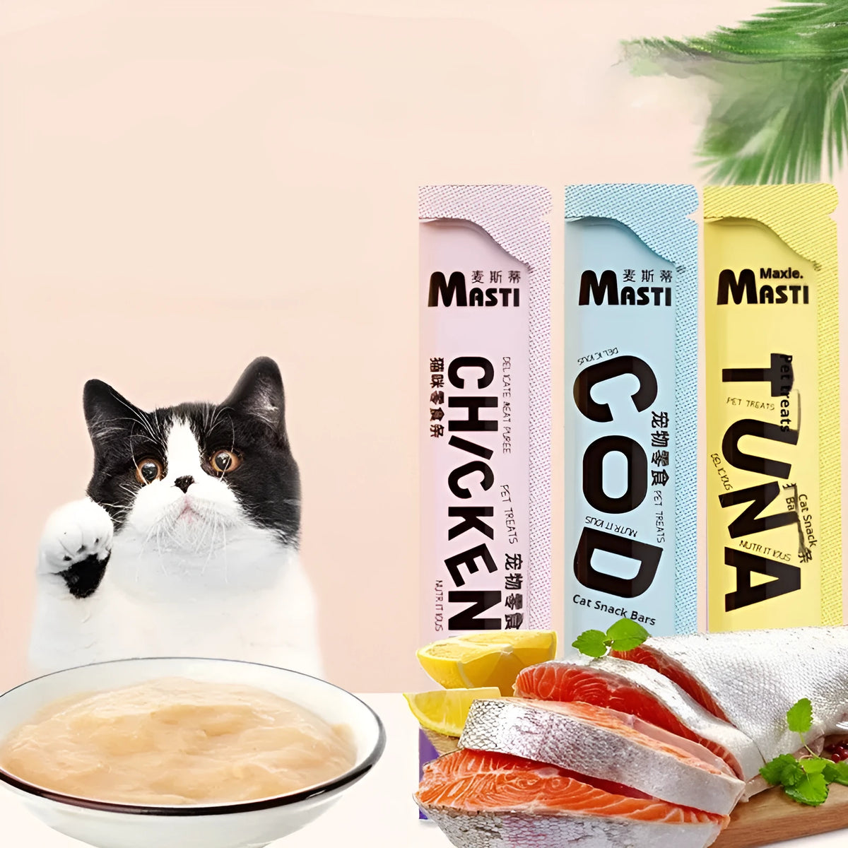 15g wet cat snacks in chicken, cod, and tuna flavours with 18-month shelf life and 1PC or 10PCS options