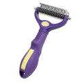 Purple double-sided plastic pet grooming comb with knot-untangling teeth on one side and smoother brushing side