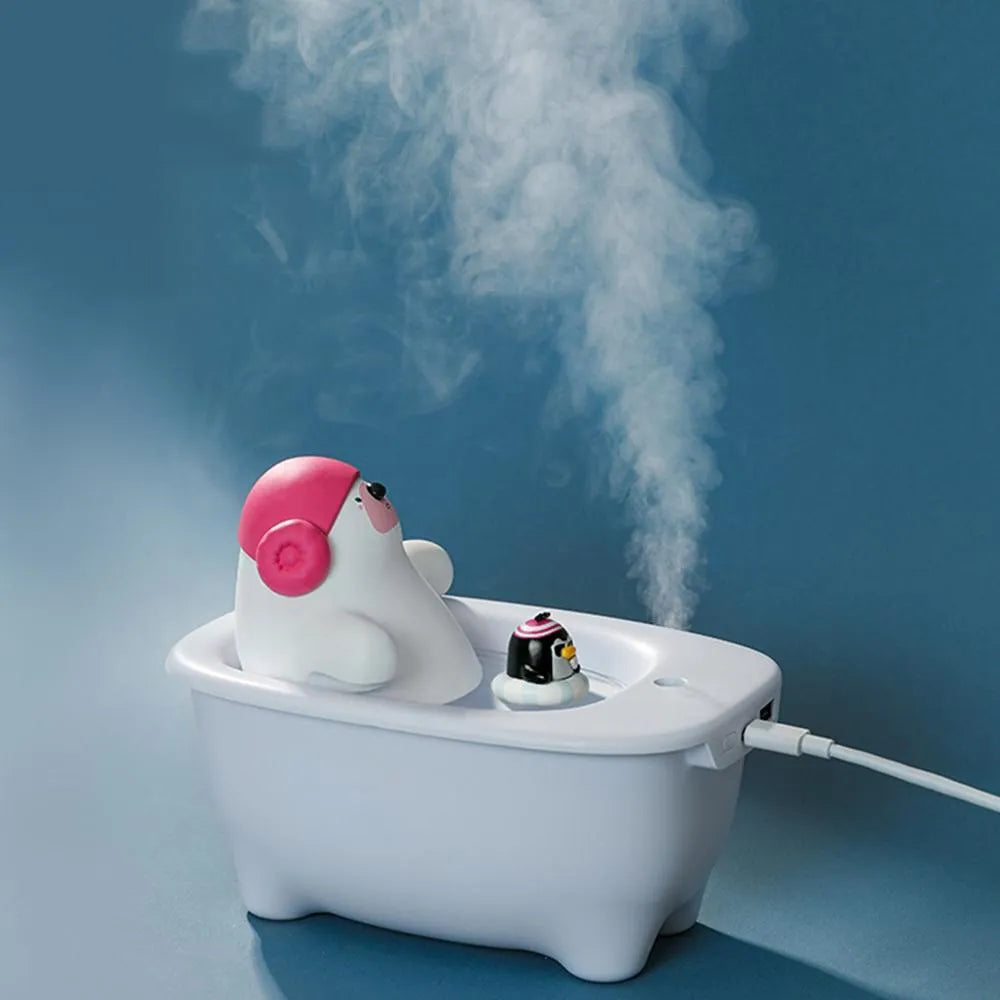White creative USB air humidifier with large water tank on a desk.